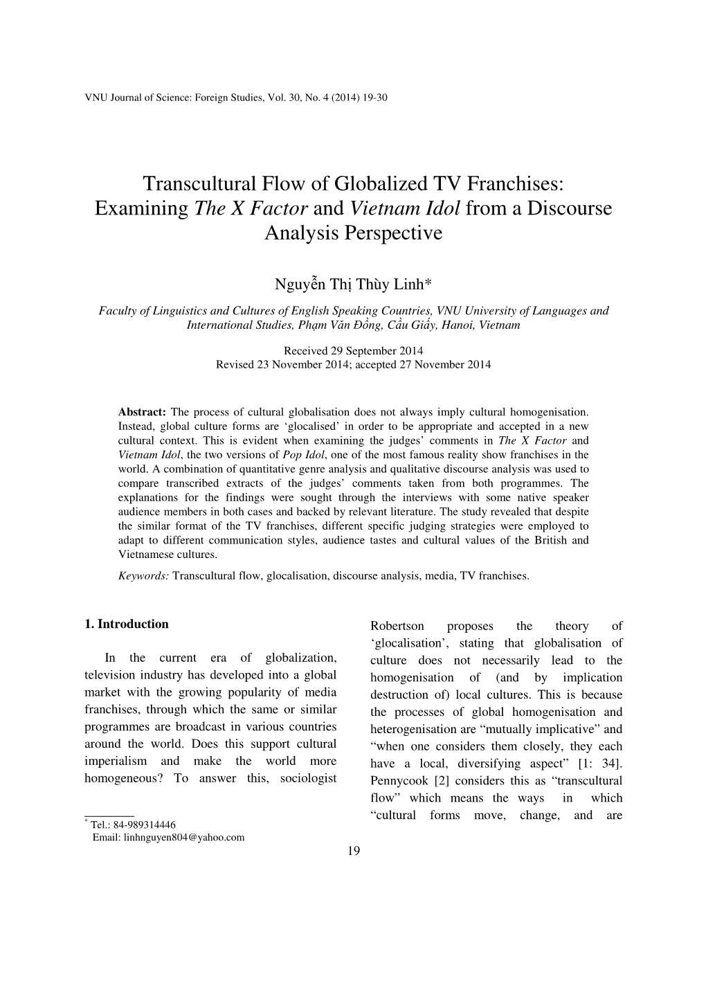 Transcultural Flow of Globalized TV Franchises: Examining the X Factor and Vietnam Idol from a Discourse Analysis Perspective