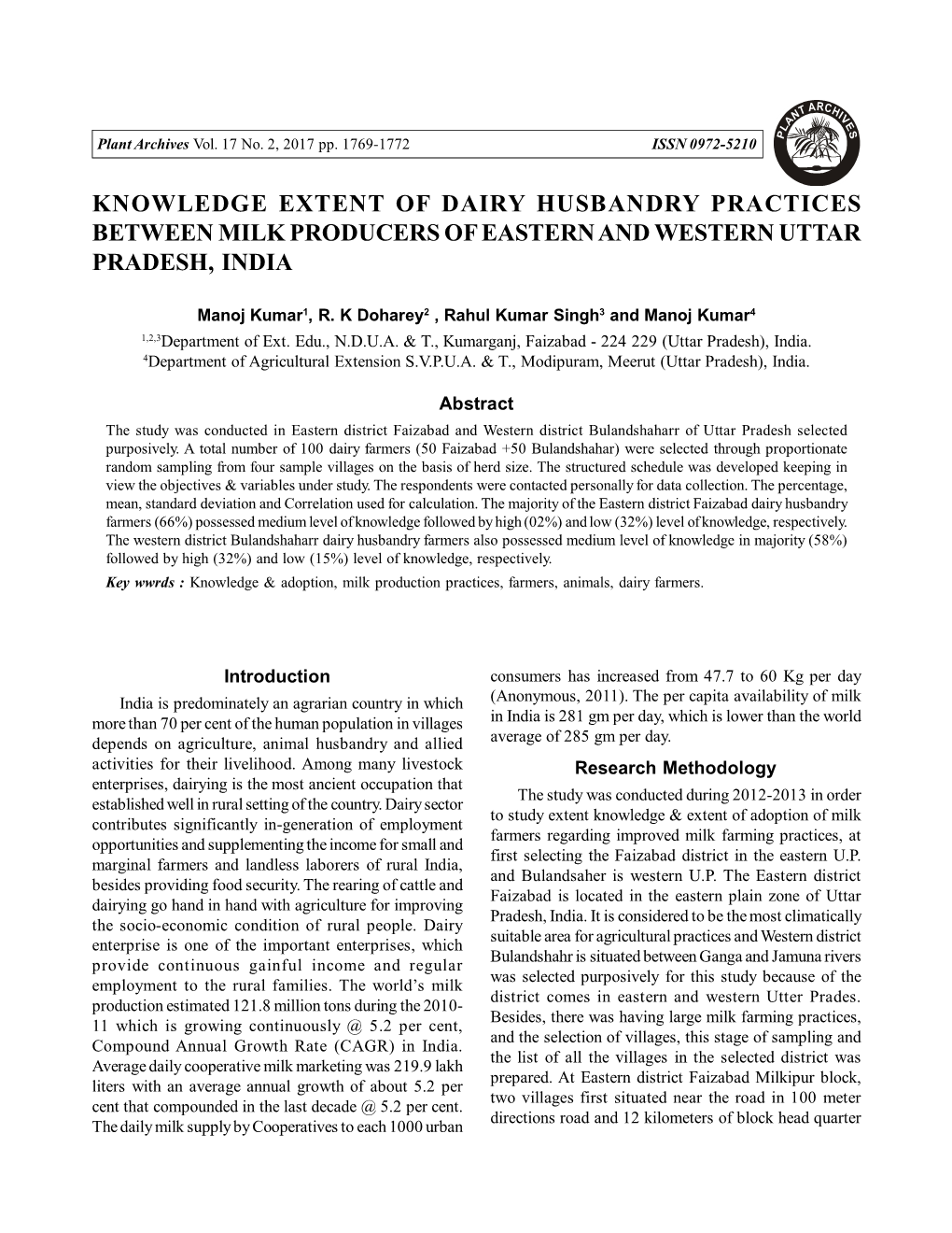 Knowledge Extent of Dairy Husbandry Practices Between Milk Producers of Eastern and Western Uttar Pradesh, India