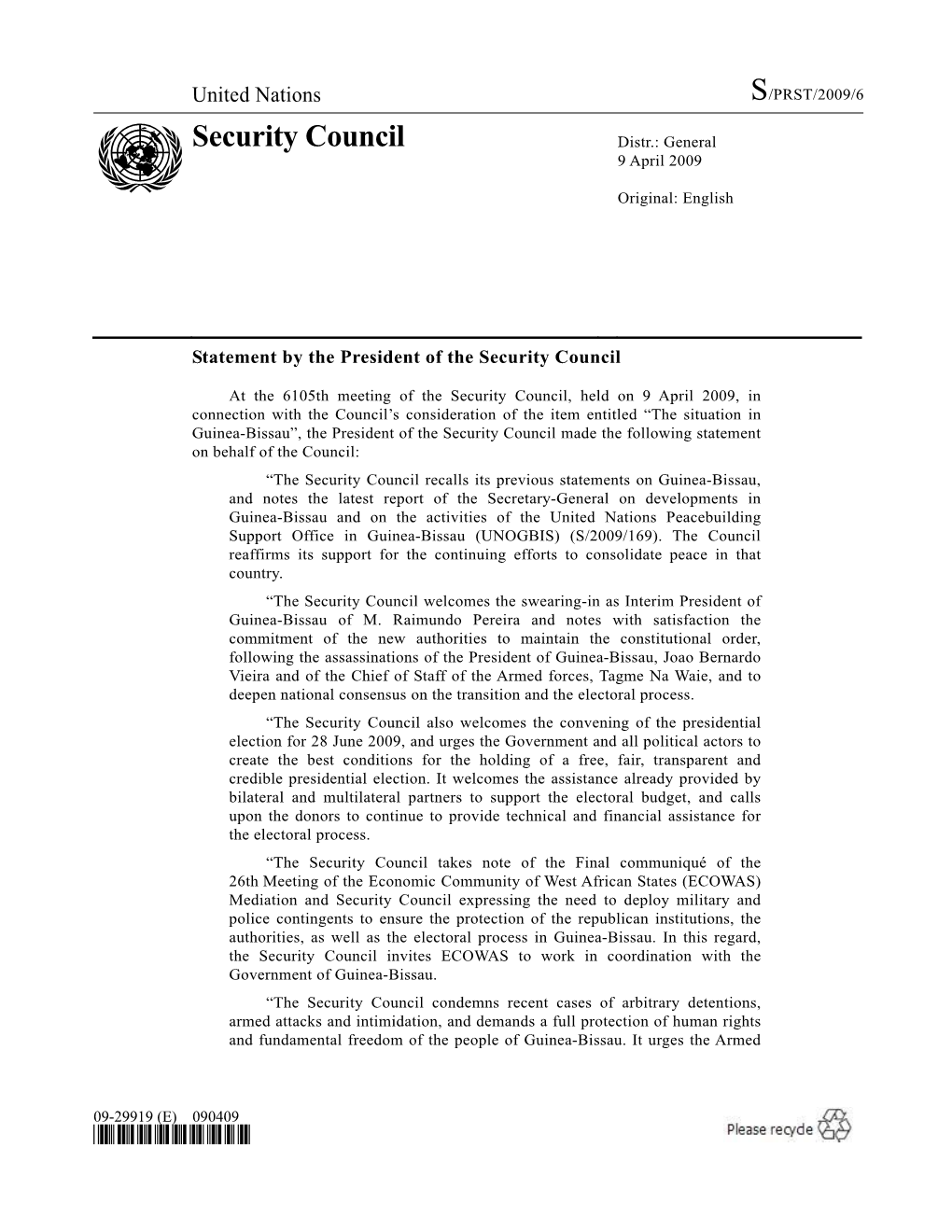 Security Council Distr.: General 9 April 2009