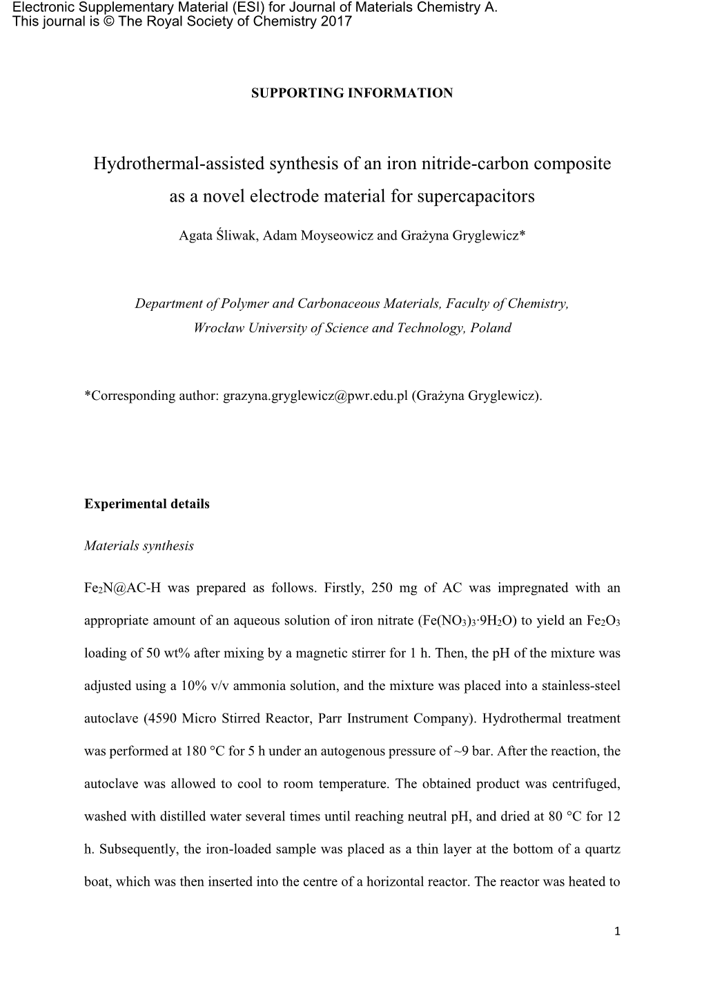 Hydrothermal-Assisted Synthesis of an Iron Nitride-Carbon Composite As a Novel Electrode Material for Supercapacitors