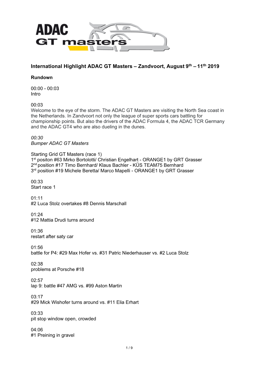 International Highlight ADAC GT Masters – Zandvoort, August 9Th – 11Th 2019