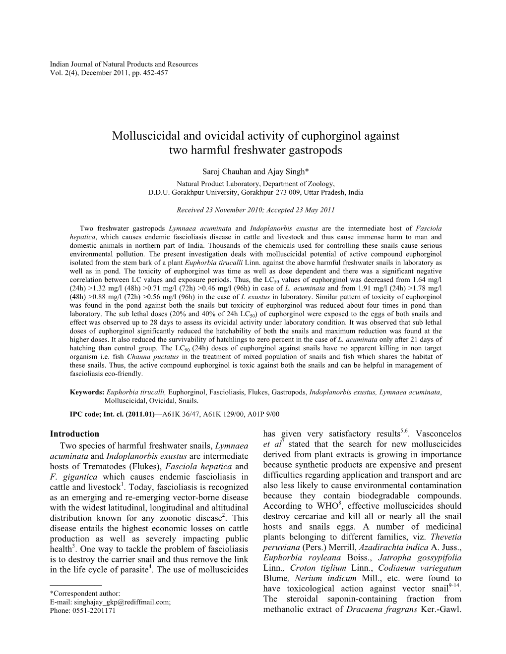 Molluscicidal and Ovicidal Activity of Euphorginol Against Two Harmful Freshwater Gastropods