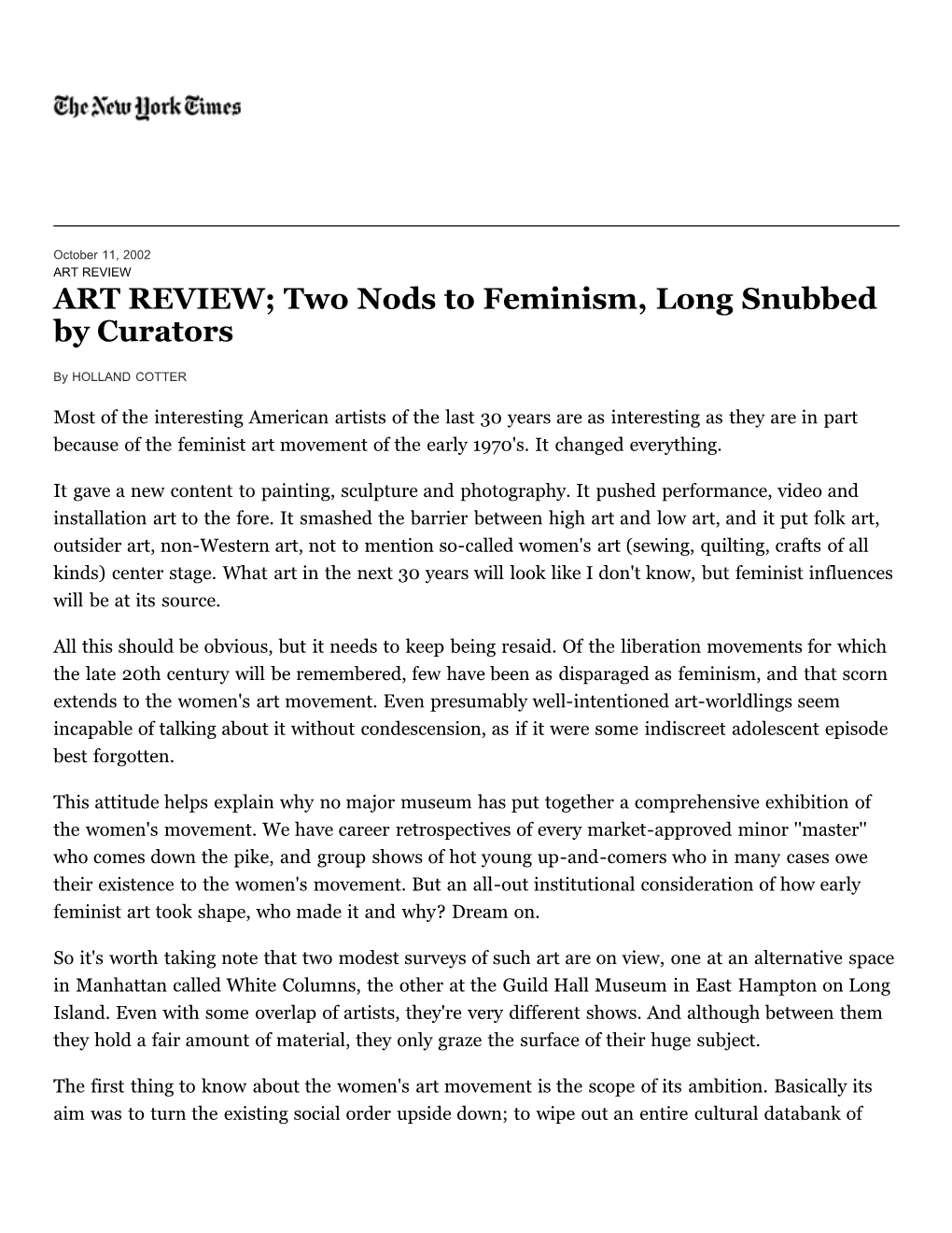 ART REVIEW; Two Nods to Feminism, Long Snubbed by Curators