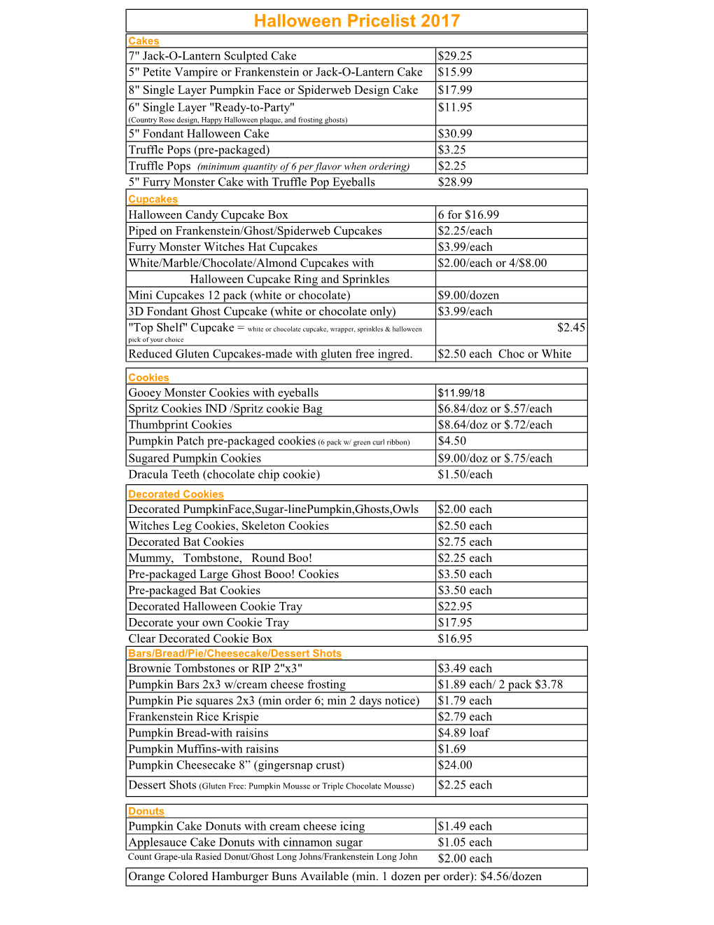 Halloween Price List 2017