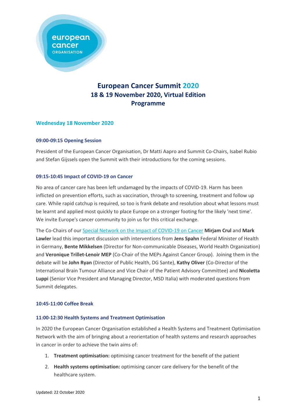 European Cancer Summit 2020 18 & 19 November 2020, Virtual Edition Programme