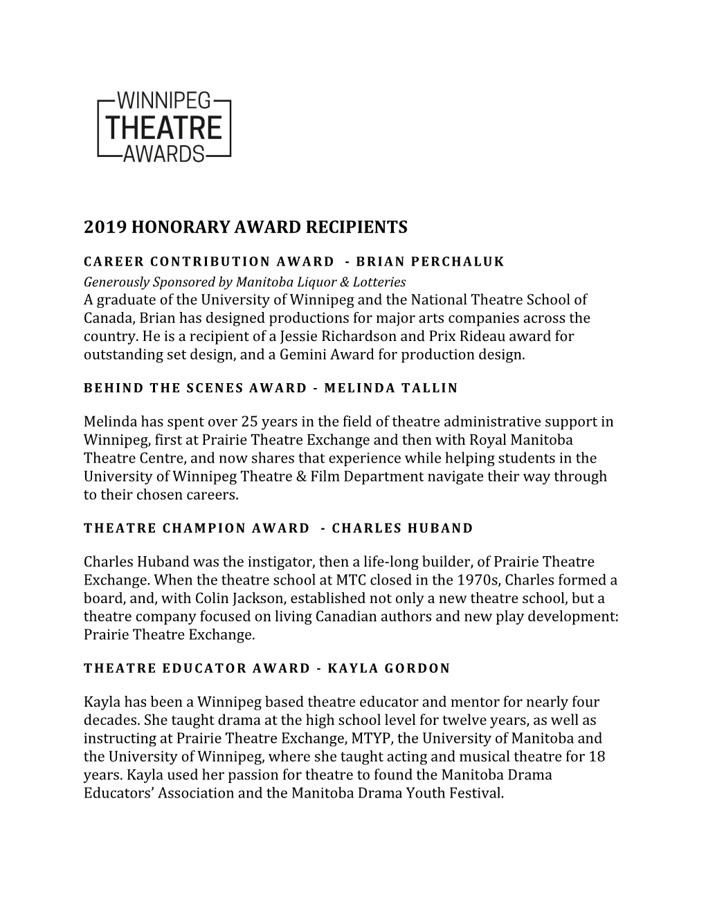 2019 Honorary Award Recipients