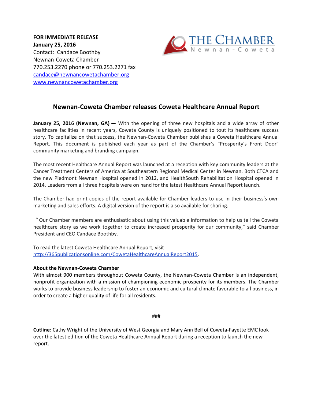 Newnan-Coweta Chamber Releases Coweta Healthcare Annual Report