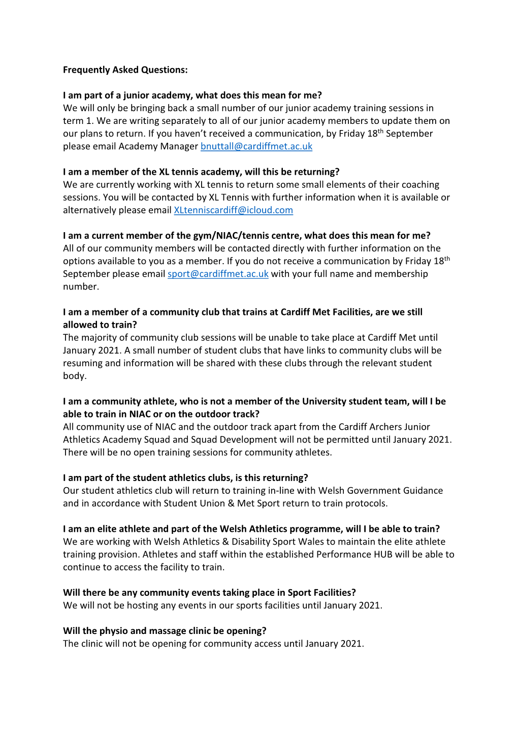 I Am Part of a Junior Academy, What Does This Mean for Me? We Will Only Be Bringing Back a Small Number of Our Junior Academy Training Sessions in Term 1