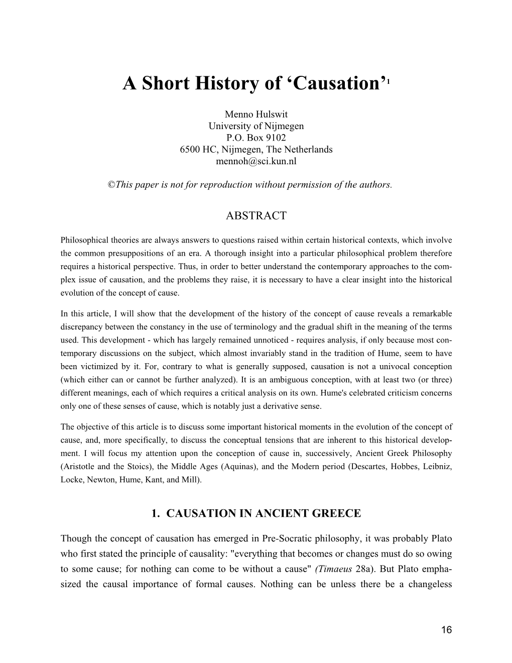 A Short History of 'Causation'1