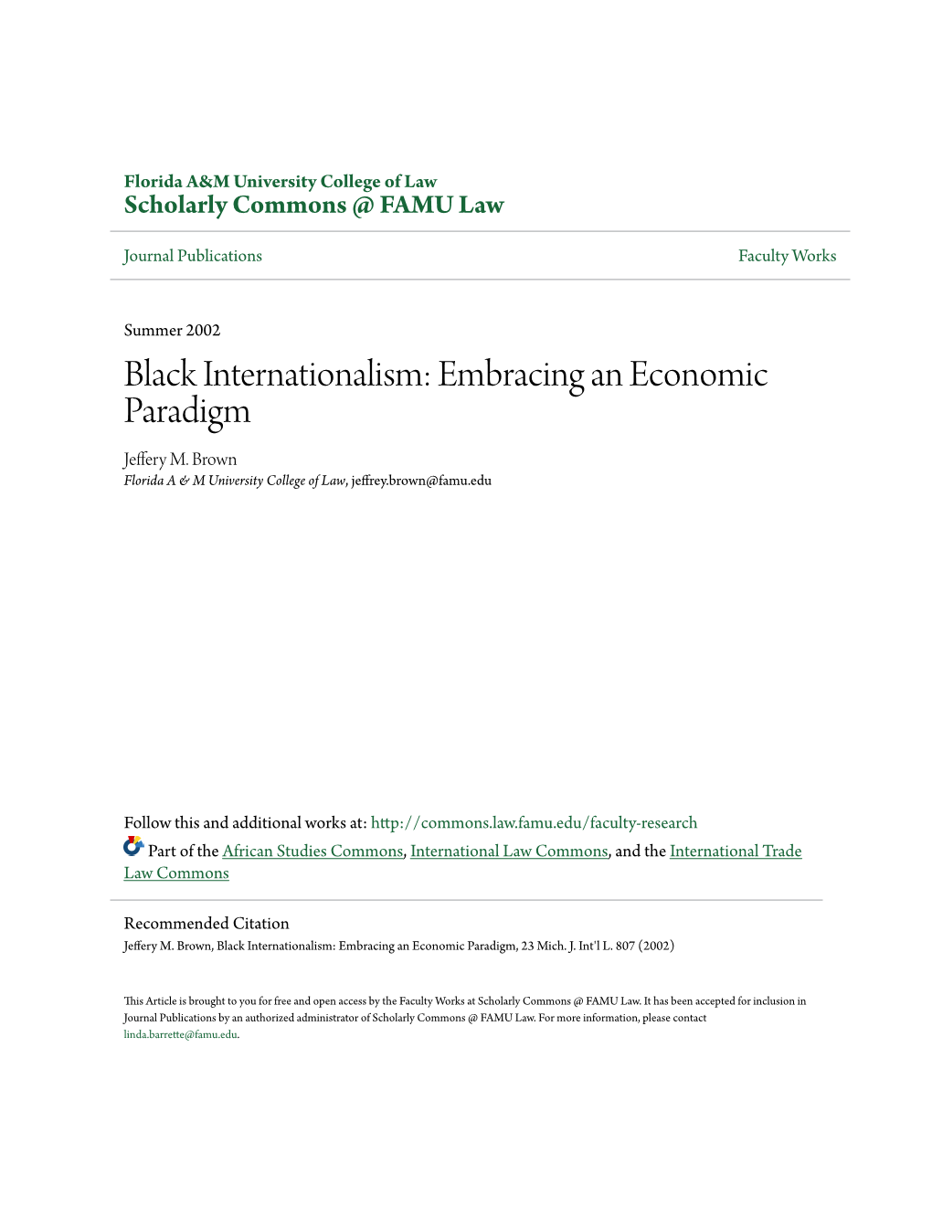 Black Internationalism: Embracing an Economic Paradigm Jeffery M
