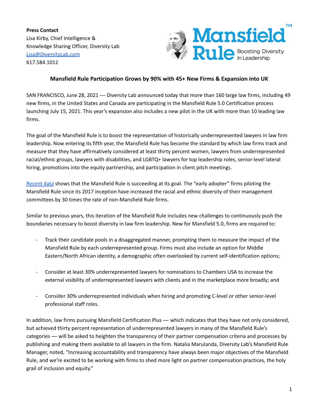 Mansfield Rule Participation Grows by 90% with 45+ New Firms & Expansion Into UK