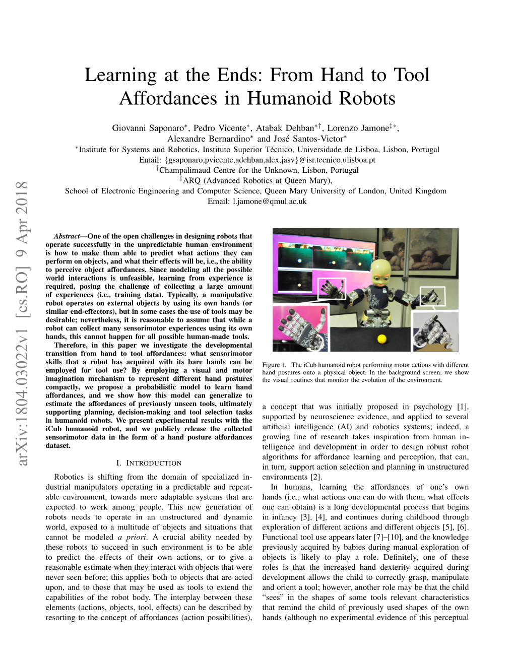 From Hand to Tool Affordances in Humanoid Robots