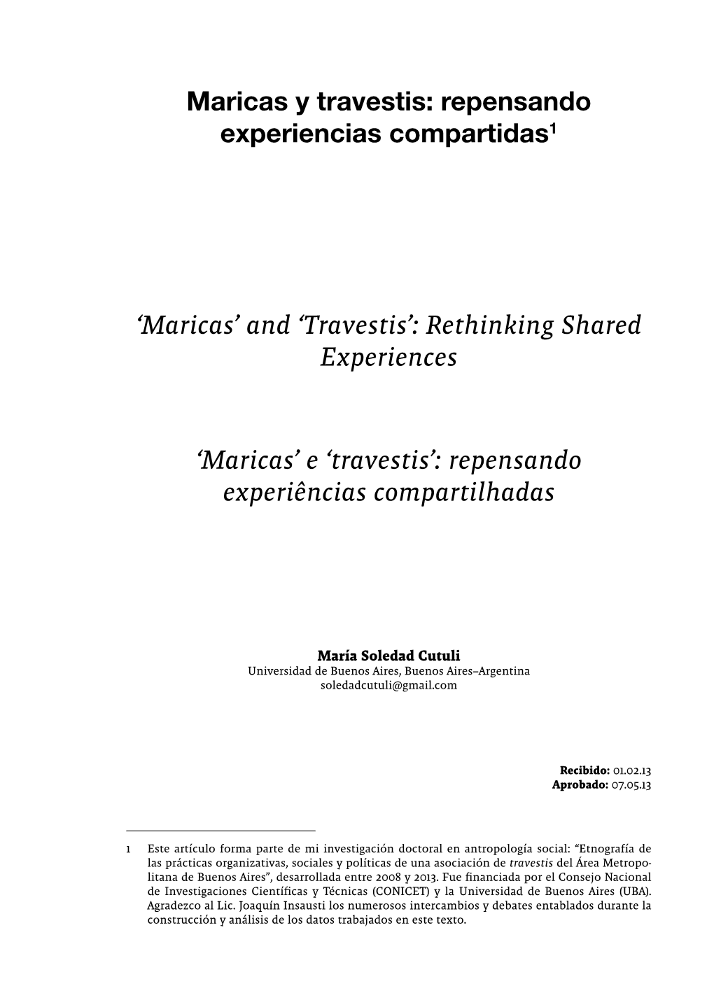 Maricas Y Travestis: Repensando Experiencias Compartidas1 'Maricas