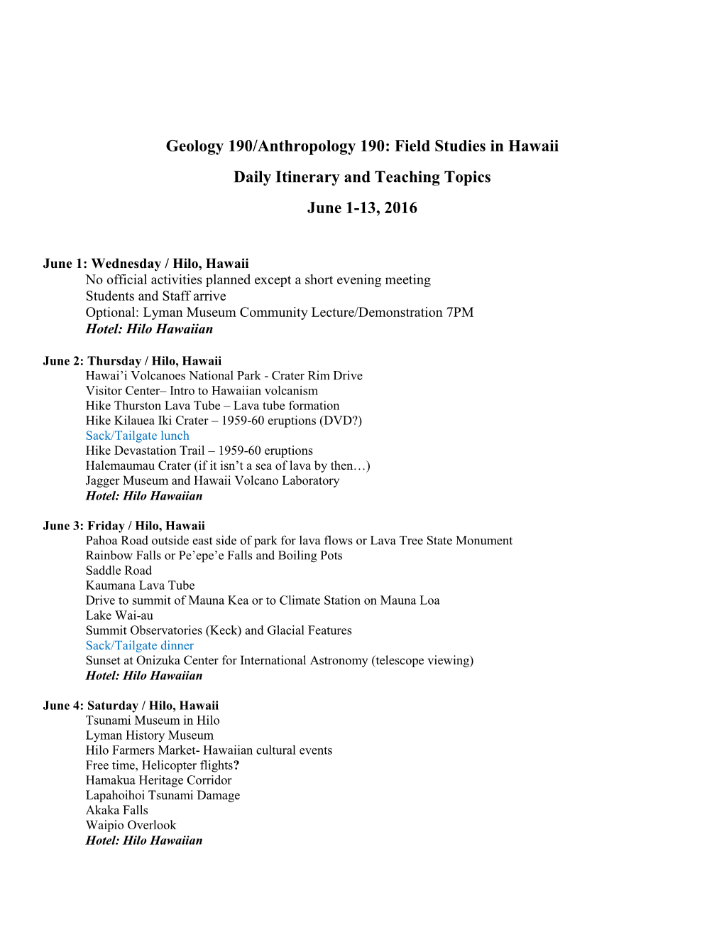 Geology 190/Anthropology 190: Field Studies in Hawaii Daily Itinerary and Teaching Topics June 1-13, 2016