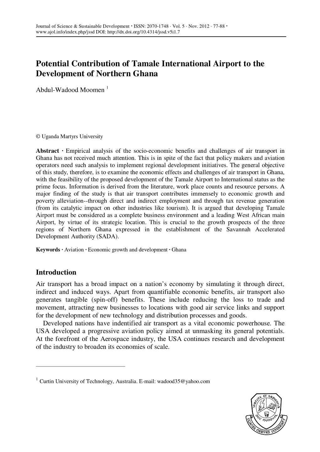 Potential Contribution of Tamale International Airport to the Development of Northern Ghana