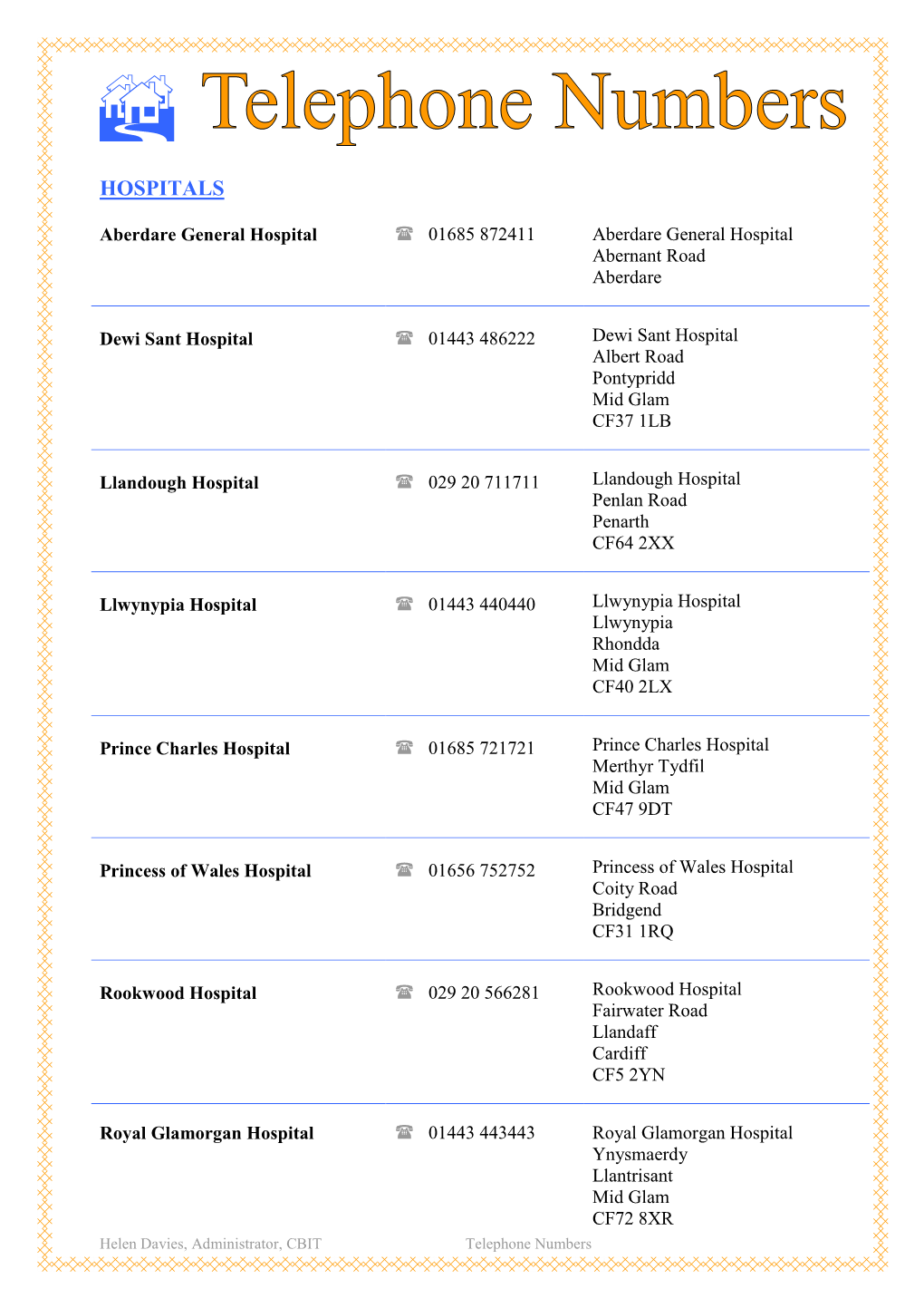 Telephone Numbers HOSPITALS (Continued)