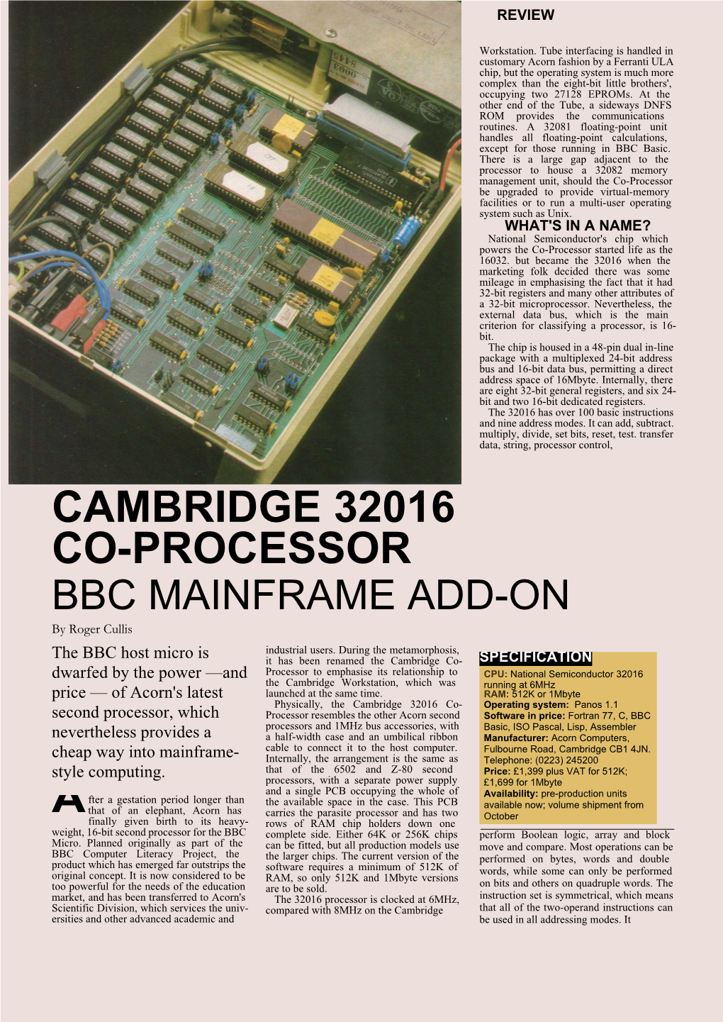 CAMBRIDGE 32016 CO-PROCESSOR BBC MAINFRAME ADD-ON by Roger Cullis Industrial Users