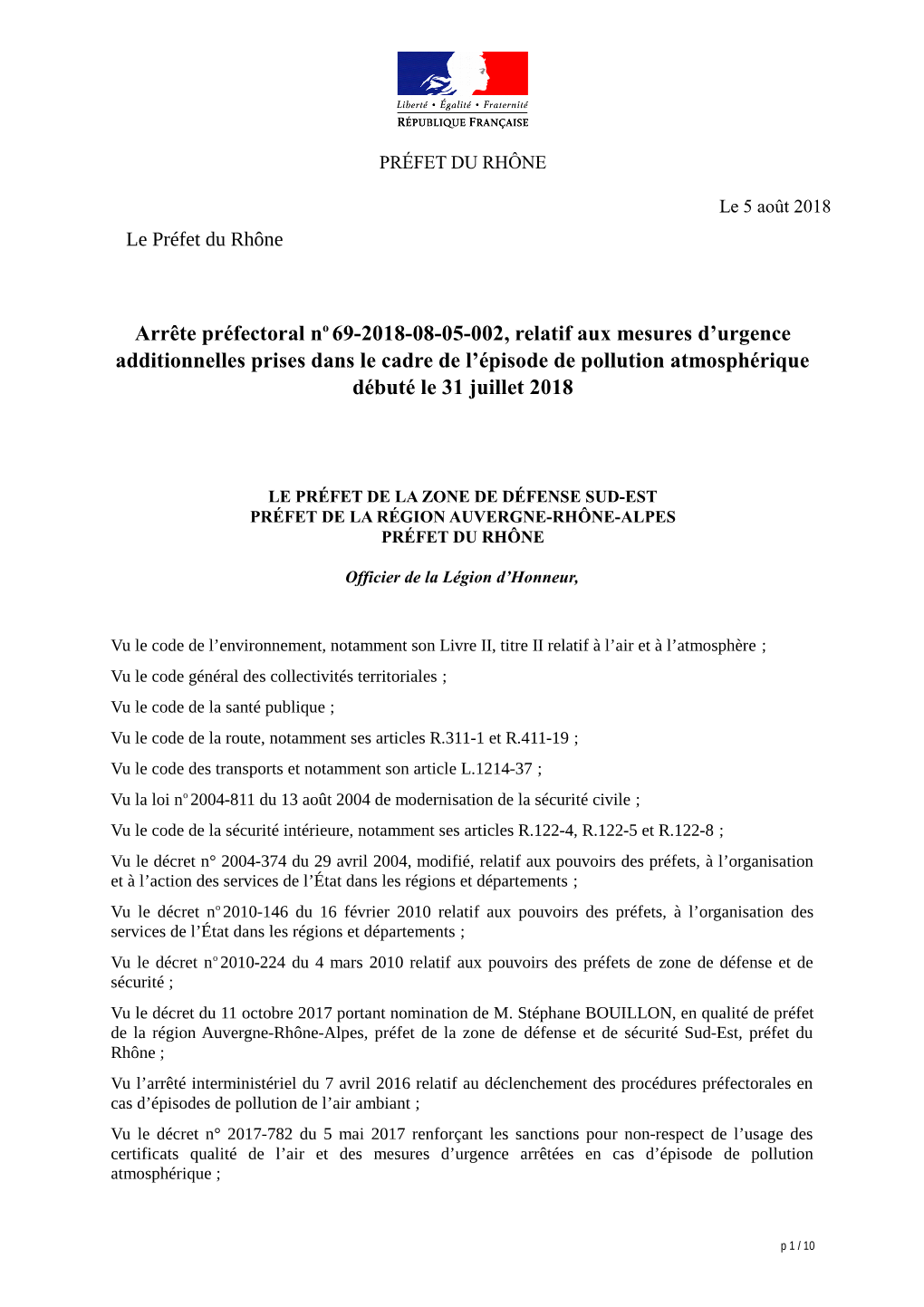 Arrête Préfectoral No 69-2018-08-05-002, Relatif Aux
