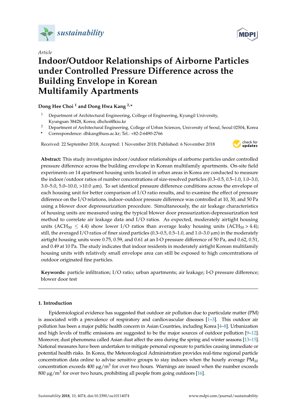 Indoor/Outdoor Relationships of Airborne Particles Under Controlled Pressure Difference Across the Building Envelope in Korean Multifamily Apartments