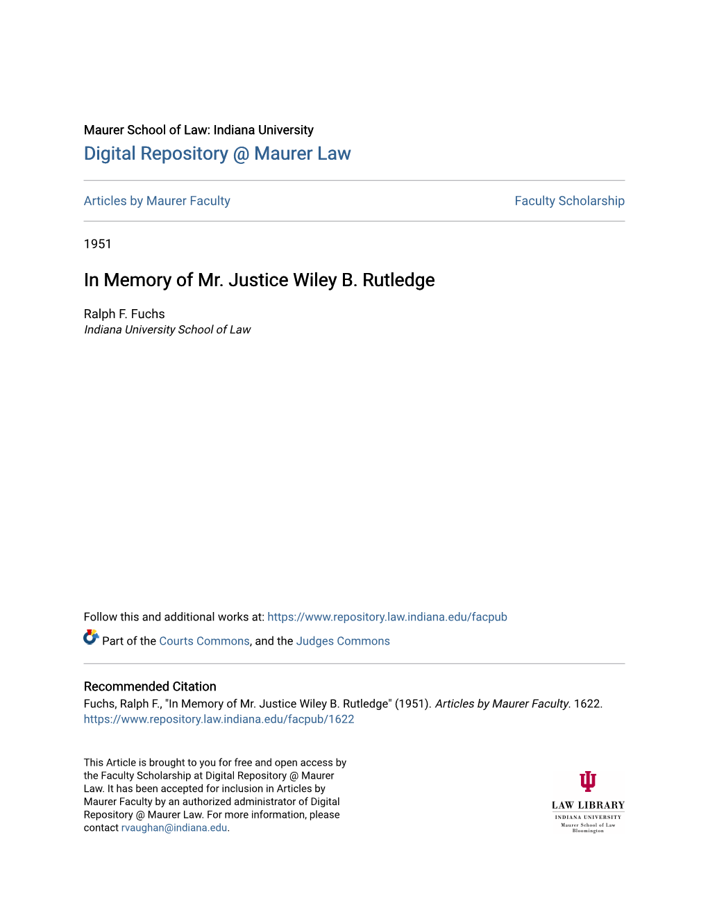 In Memory of Mr. Justice Wiley B. Rutledge