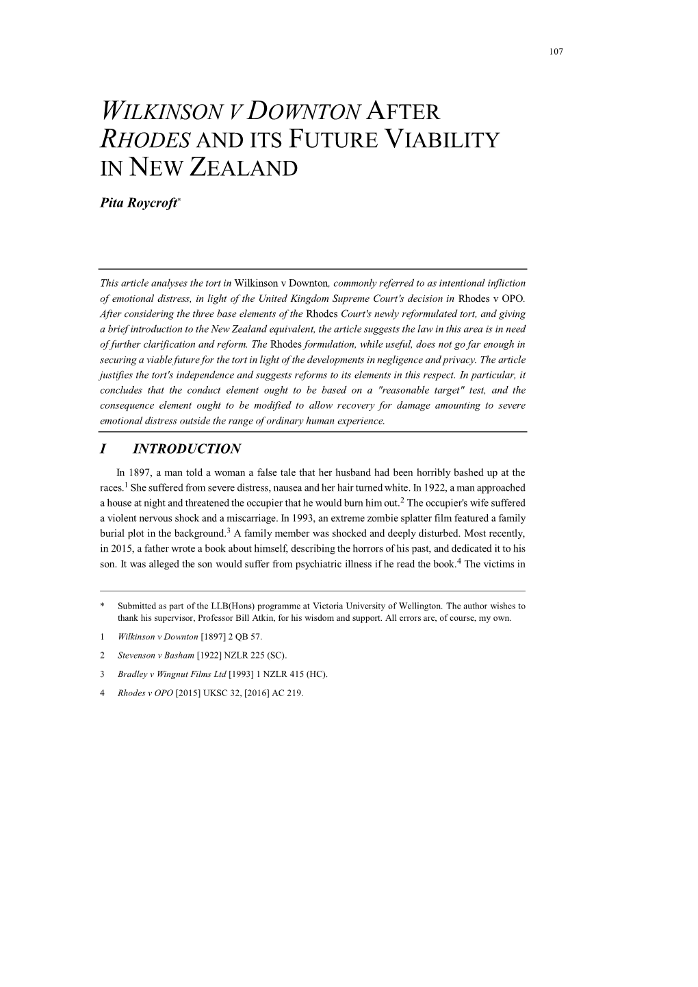 Wilkinson V Downton After Rhodes and Its Future Viability in New Zealand