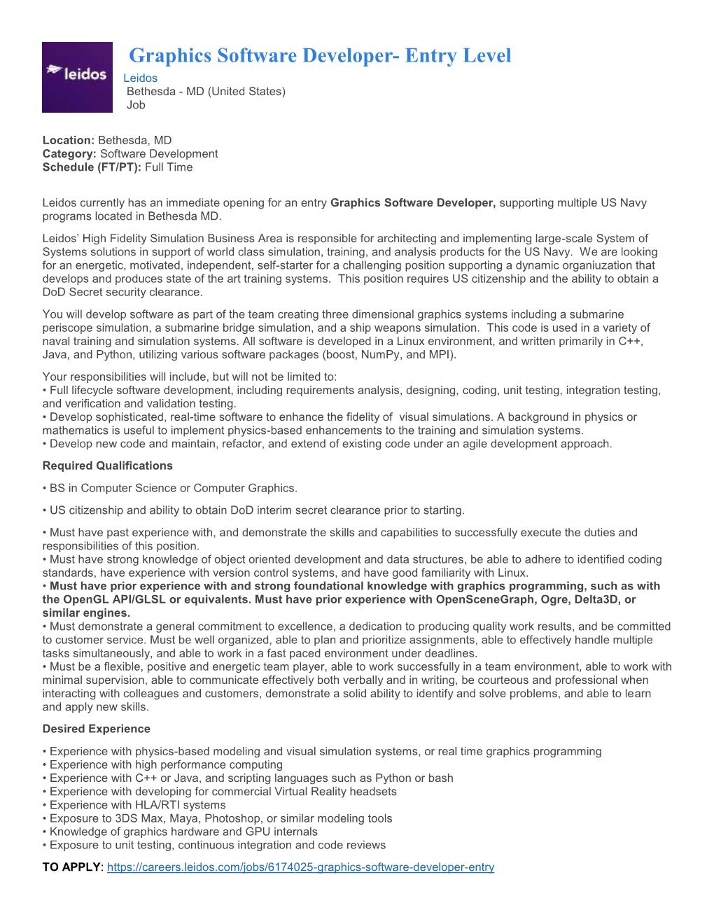 Graphics Software Developer- Entry Level Leidos Bethesda - MD (United States) Job