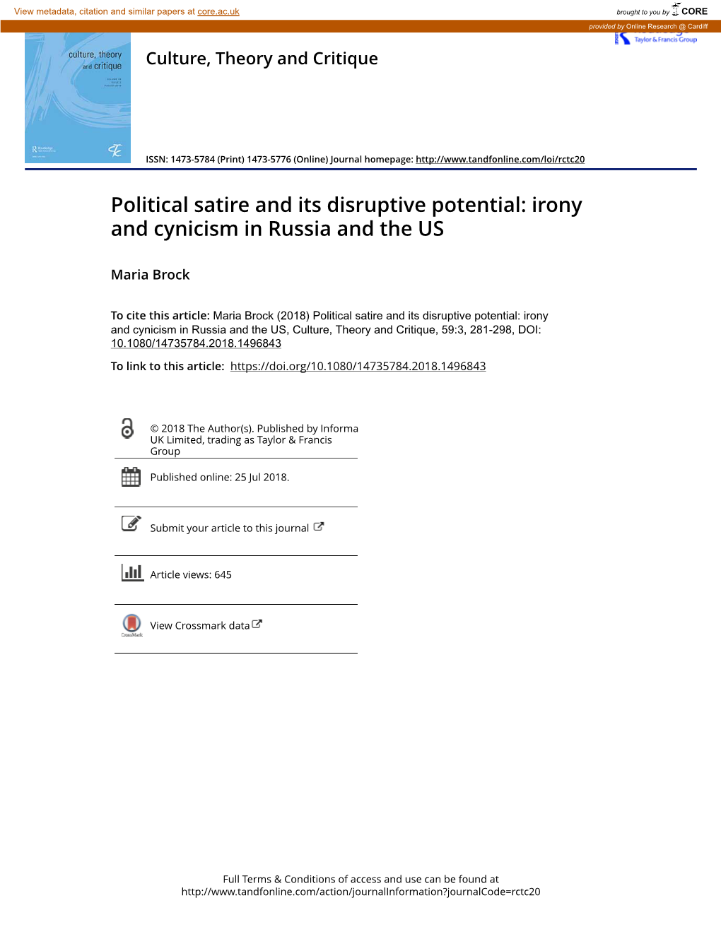 Political Satire and Its Disruptive Potential: Irony and Cynicism in Russia and the US