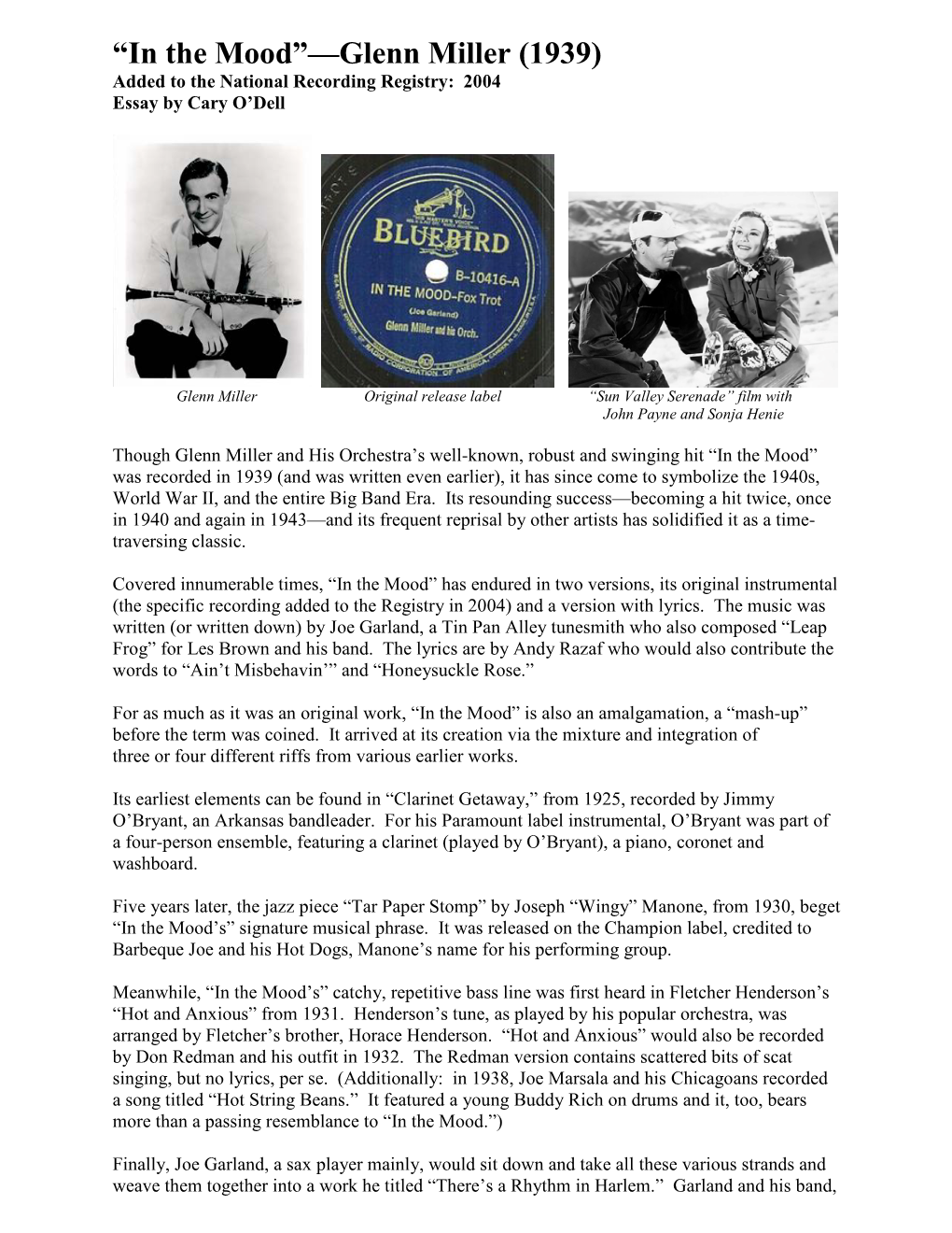 “In the Mood”—Glenn Miller (1939) Added to the National Recording Registry: 2004 Essay by Cary O’Dell