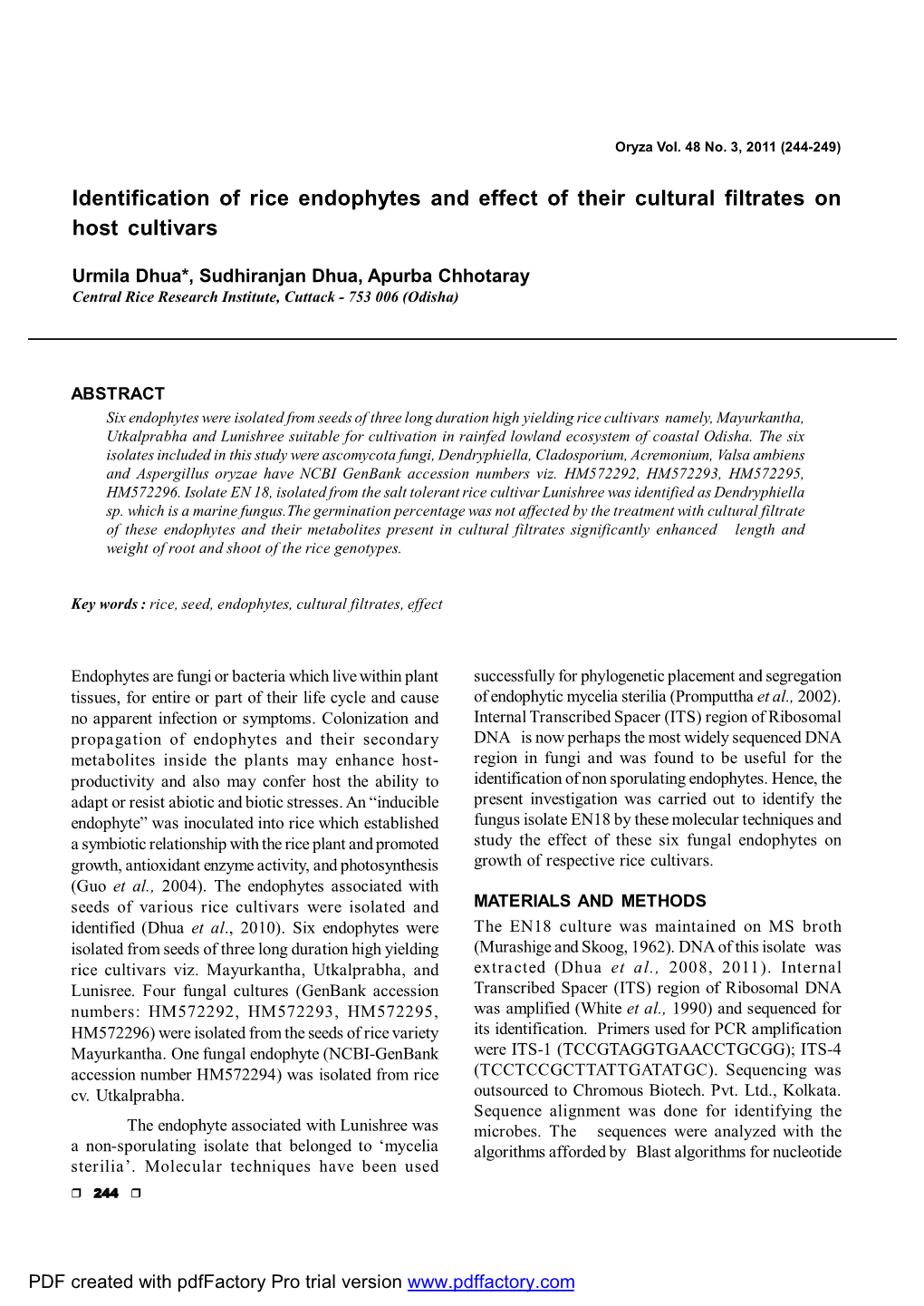 Identification of Rice Endophytes and Effect of Their Cultural Filtrates on Host Cultivars