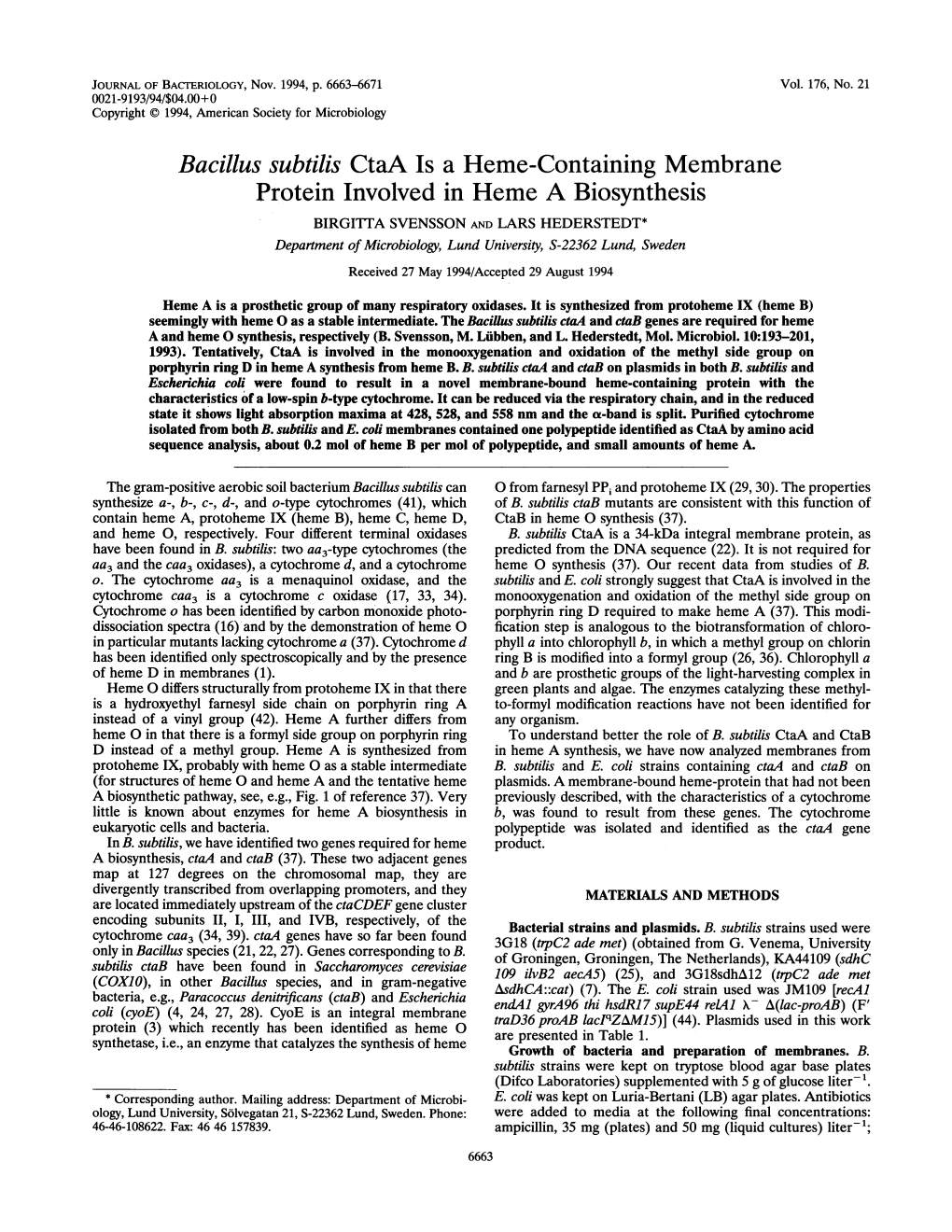 Bacillus Subtilis Ctaa Is a Heme-Containing Membrane