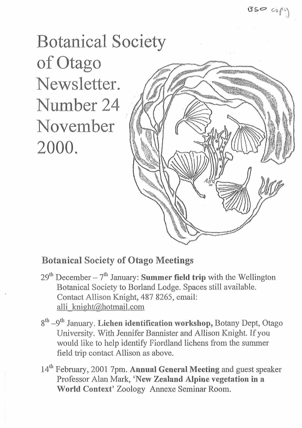 Botanical Society of Otago Newsletter. Number 24 November 2000