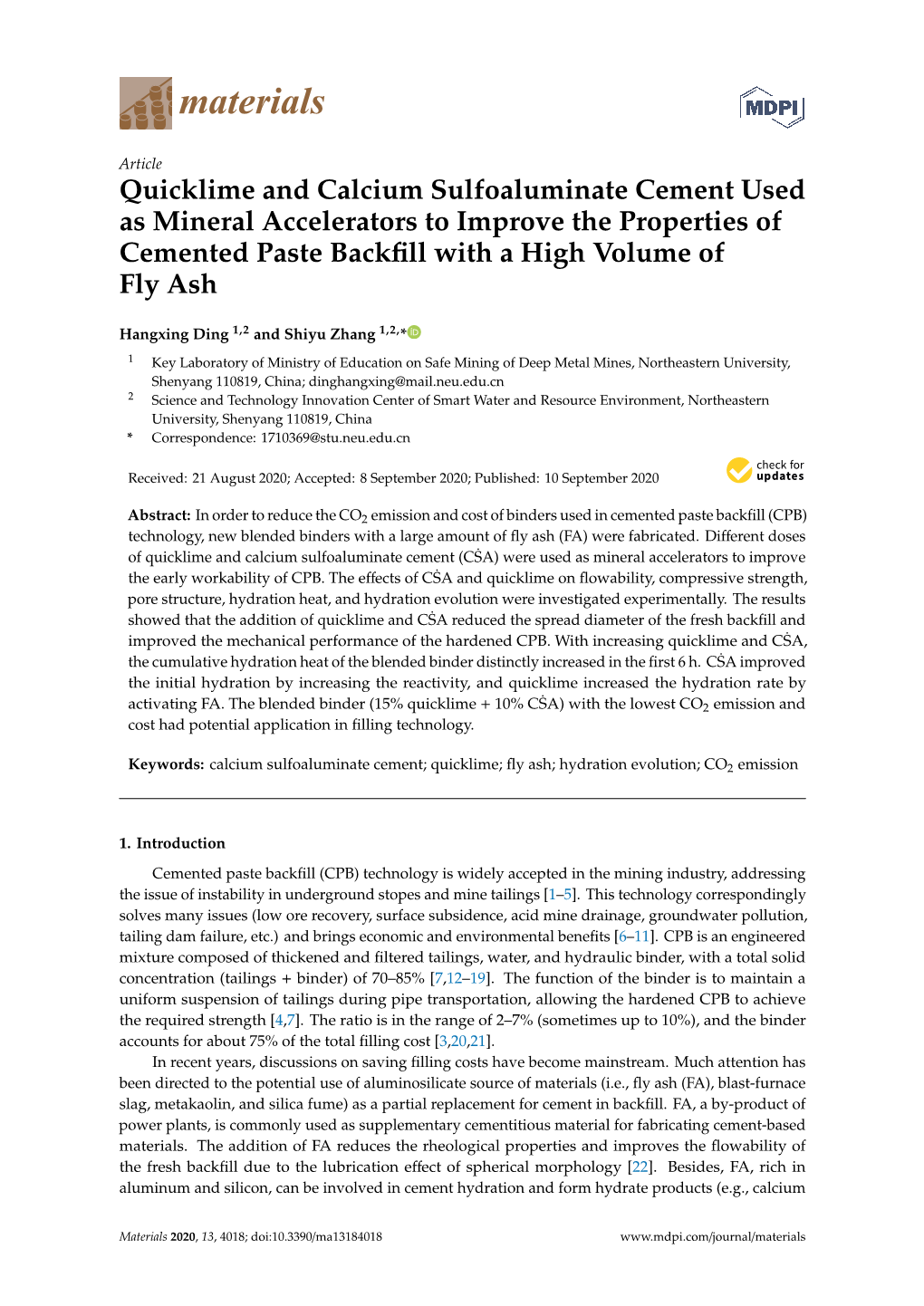 Quicklime and Calcium Sulfoaluminate Cement Used As Mineral Accelerators to Improve the Properties of Cemented Paste Backﬁll with a High Volume of Fly Ash
