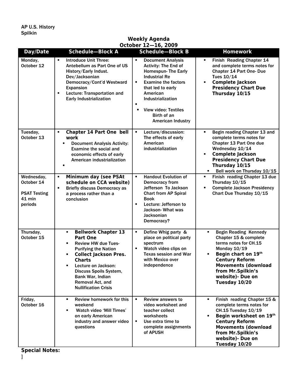 Weekly Agenda