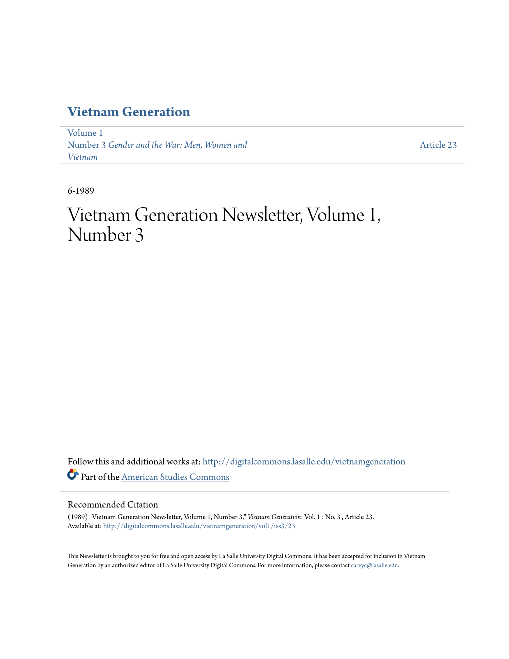 Vietnam Generation Newsletter, Volume 1, Number 3