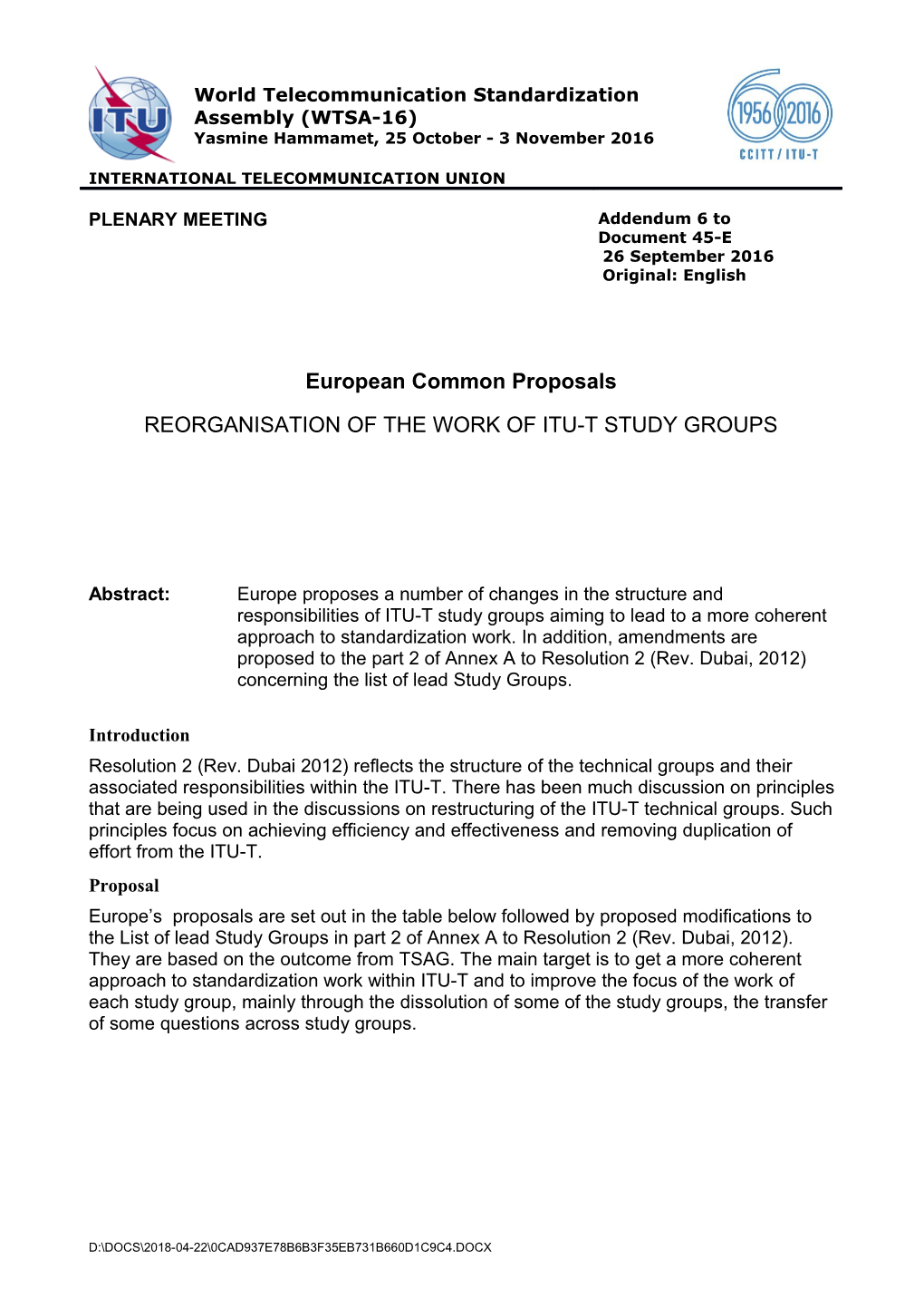 European Proposals for Reorganisation of ITU-T Study Groups