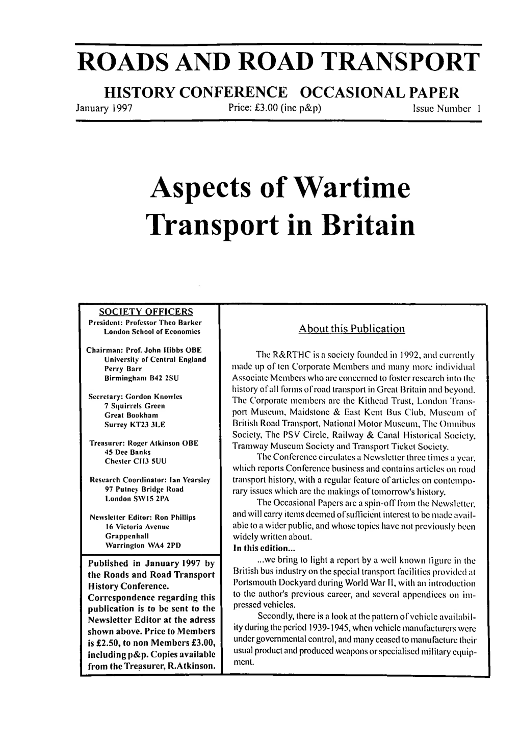 RRTHA Aspects of Wartime Transport in Britain Occasional Paper January 1997