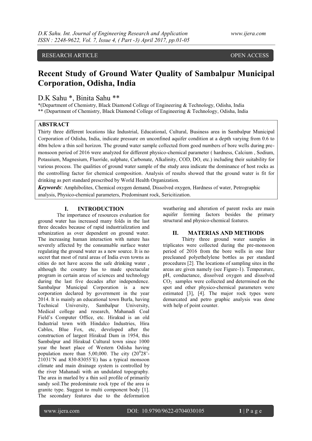 Recent Study of Ground Water Quality of Sambalpur Municipal Corporation, Odisha, India