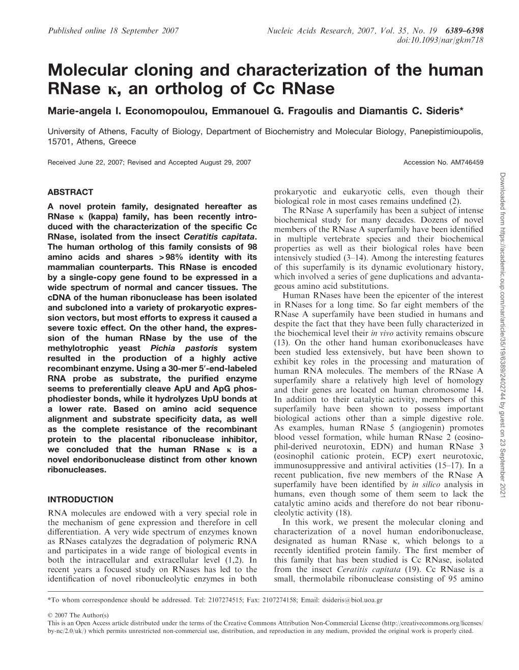 Molecular Cloning and Characterization of the Human Rnase I, an Ortholog of Cc Rnase Marie-Angela I