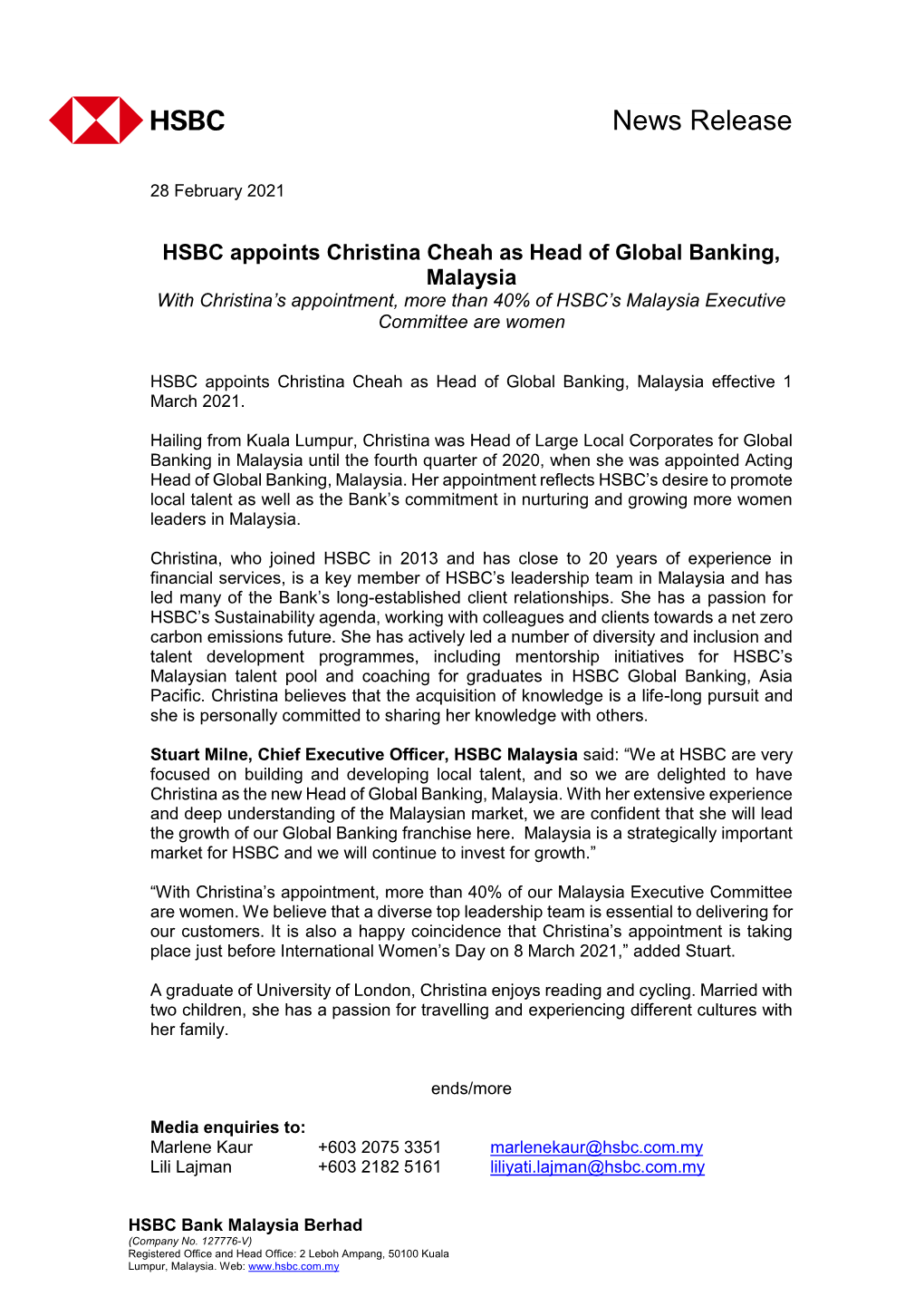HSBC Appoints Christina Cheah As Head of Global Banking, Malaysia with Christina’S Appointment, More Than 40% of HSBC’S Malaysia Executive Committee Are Women