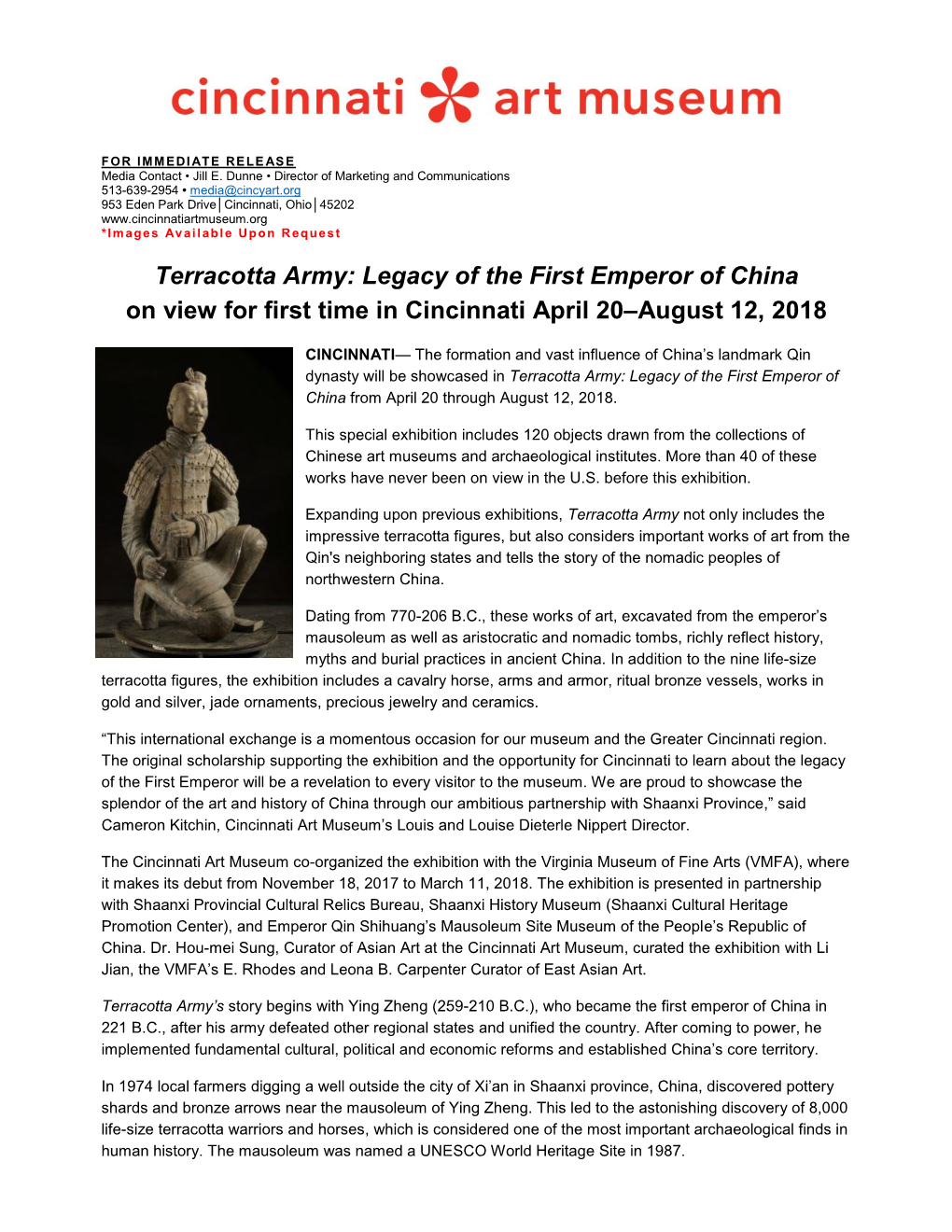 Terracotta Army: Legacy of the First Emperor of China on View for First Time in Cincinnati April 20–August 12, 2018