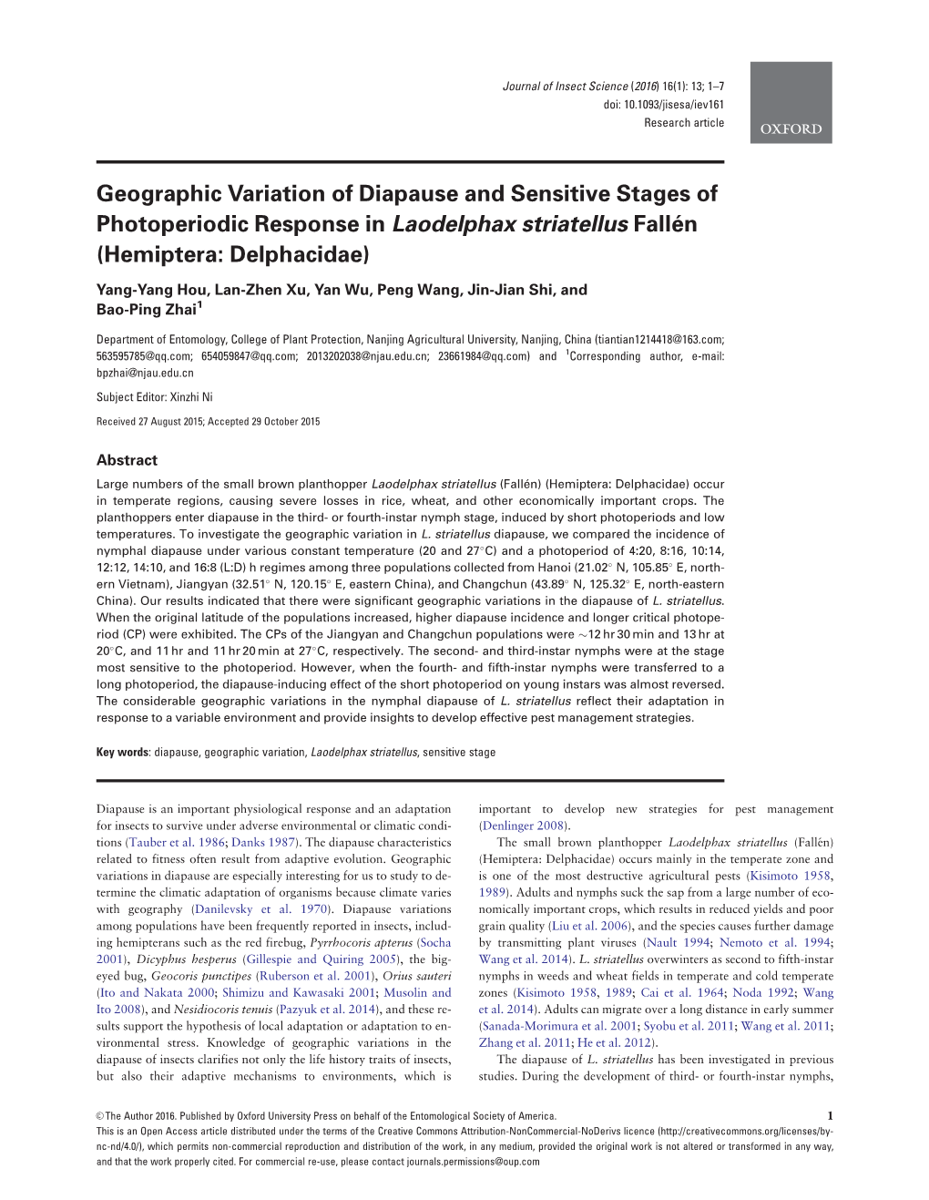 Geographic Variation of Diapause and Sensitive Stages of Photoperiodic Response in Laodelphax Striatellus Falle´N (Hemiptera: Delphacidae)