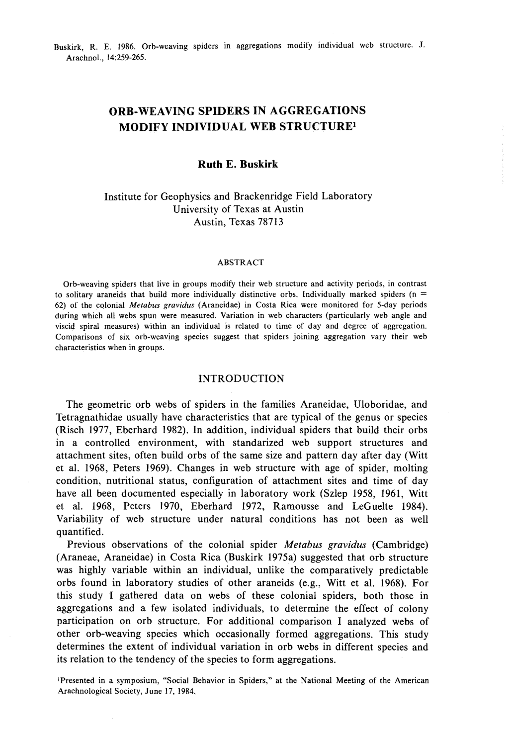 Orb-Weaving Spiders in Aggregation S Modify Individual Web Structure '