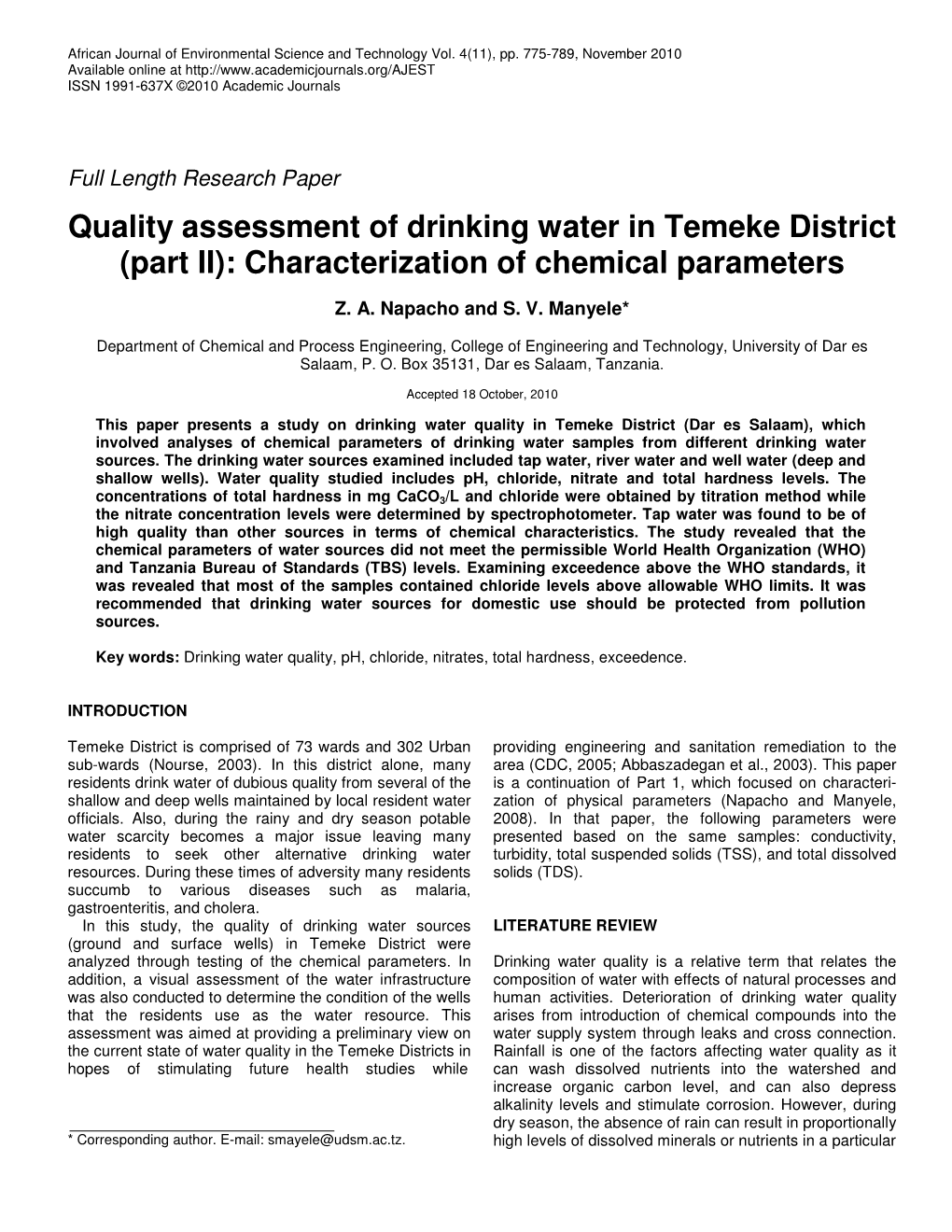 Quality Assessment of Drinking Water in Temeke District (Part II): Characterization of Chemical Parameters
