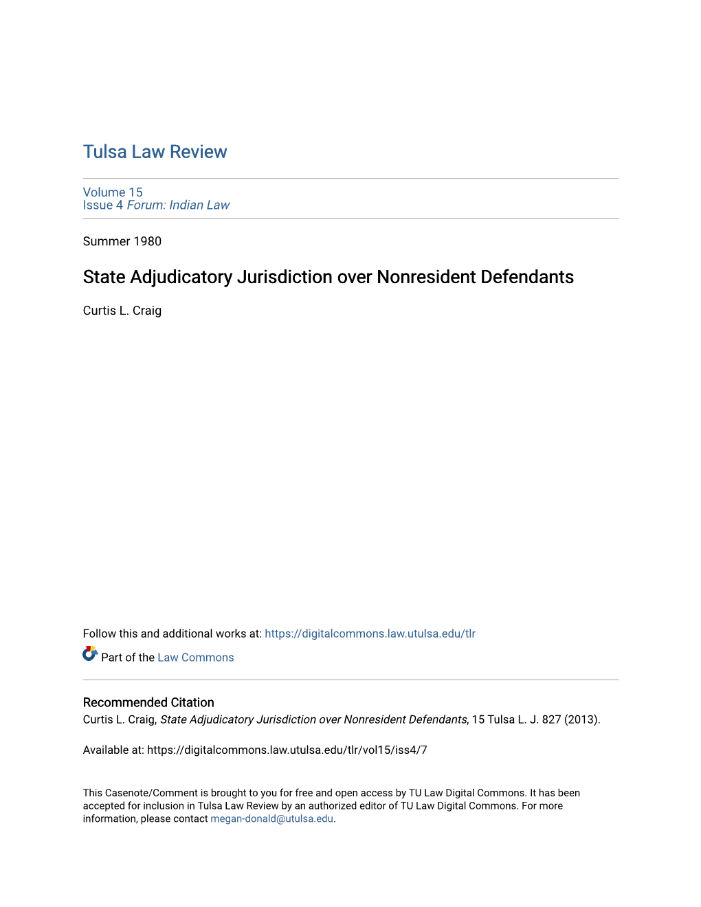 State Adjudicatory Jurisdiction Over Nonresident Defendants