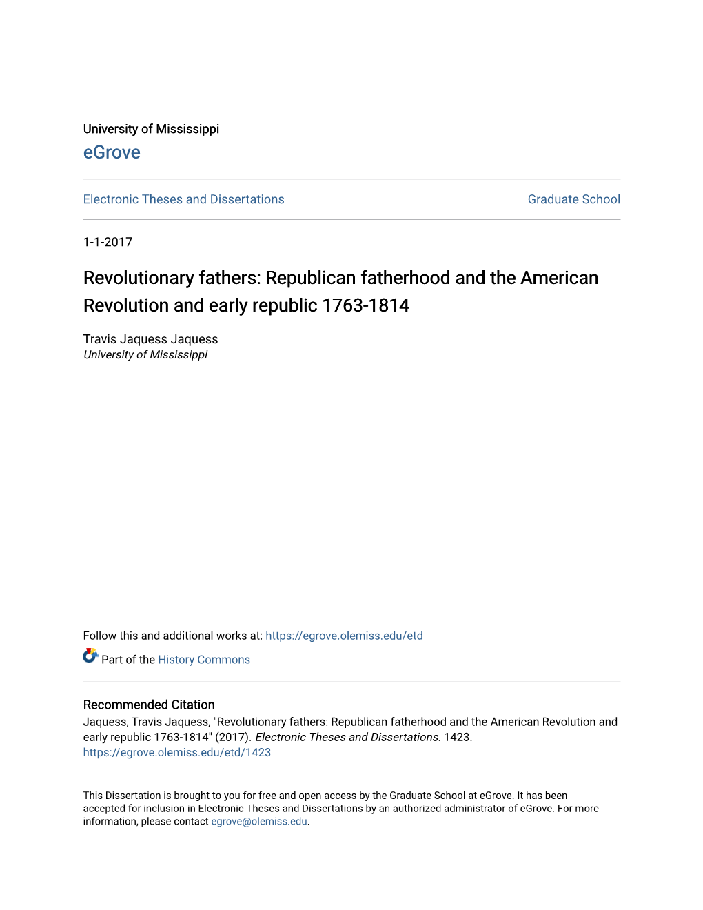 Revolutionary Fathers: Republican Fatherhood and the American Revolution and Early Republic 1763-1814