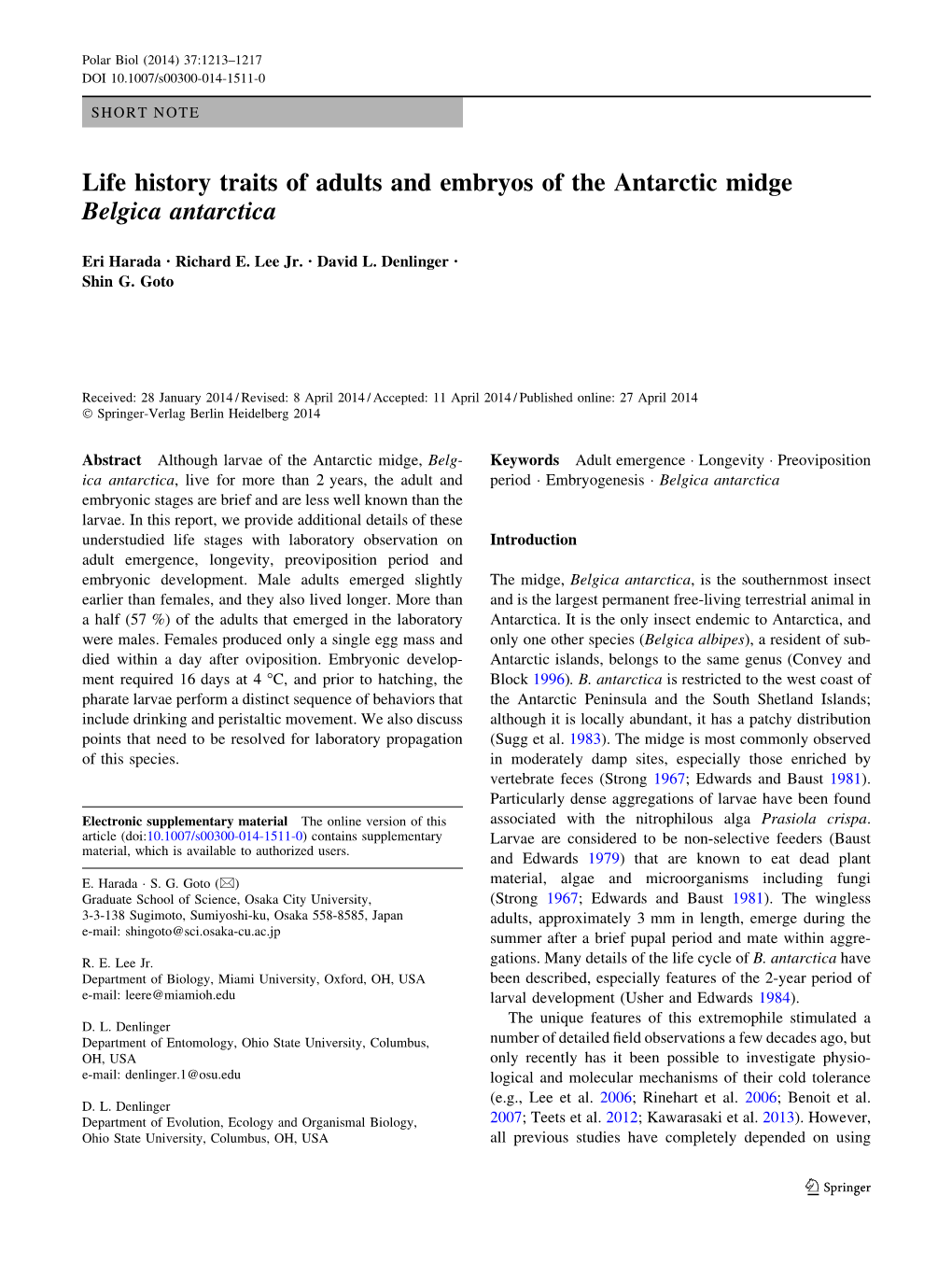 Life History Traits of Adults and Embryos of the Antarctic Midge Belgica Antarctica