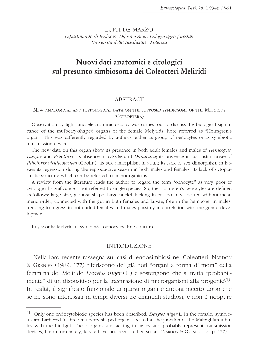 Nuovi Dati Anatomici E Citologici Sul Presunto Simbiosoma Dei Coleotteri Meliridi