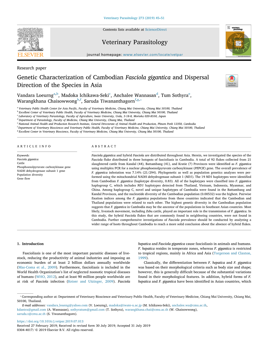 Genetic Characterization of Cambodian Fasciola Gigantica and Dispersal Direction of the Species in Asia T