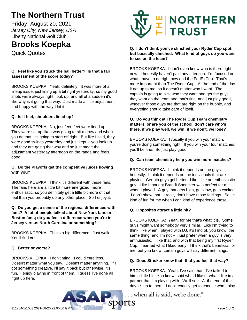 The Northern Trust Brooks Koepka
