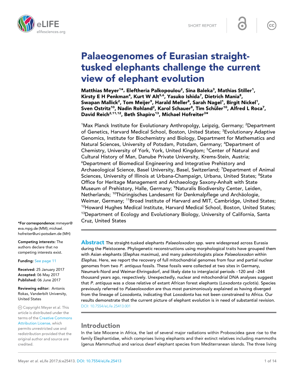 Palaeogenomes of Eurasian Straight- Tusked Elephants Challenge The